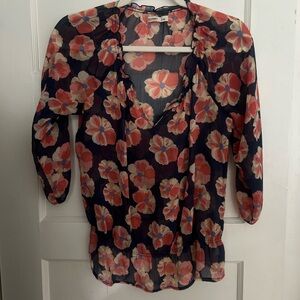 Joie Navy and Coral Floral Blouse